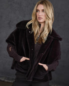 Monari Reversible Faux Fur Jacket in dark brown button placket detail