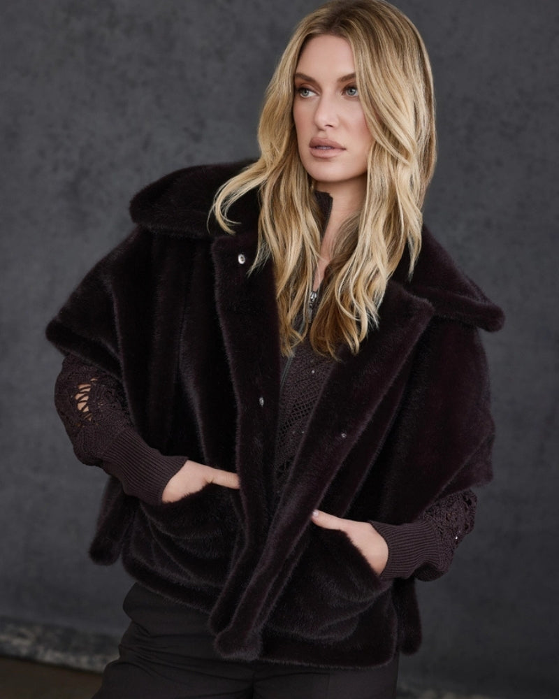 Monari Reversible Faux Fur Jacket in dark brown button placket detail
