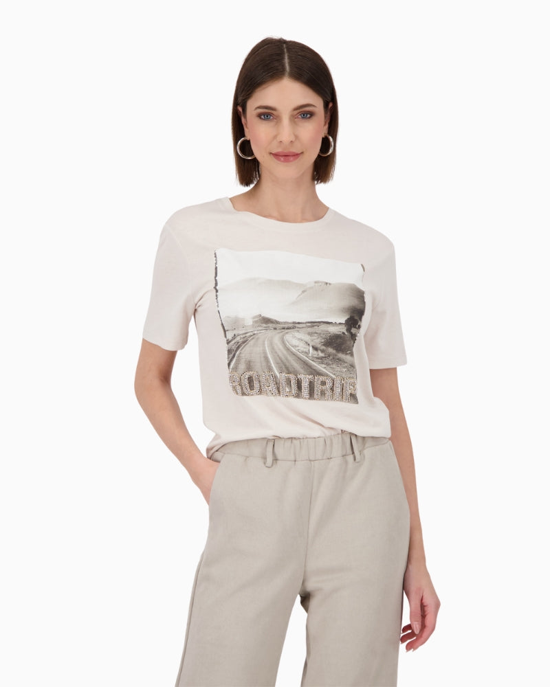 Beige t-shirt by Monari with photo print and rhinestone detail