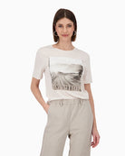Beige t-shirt by Monari with photo print and rhinestone detail