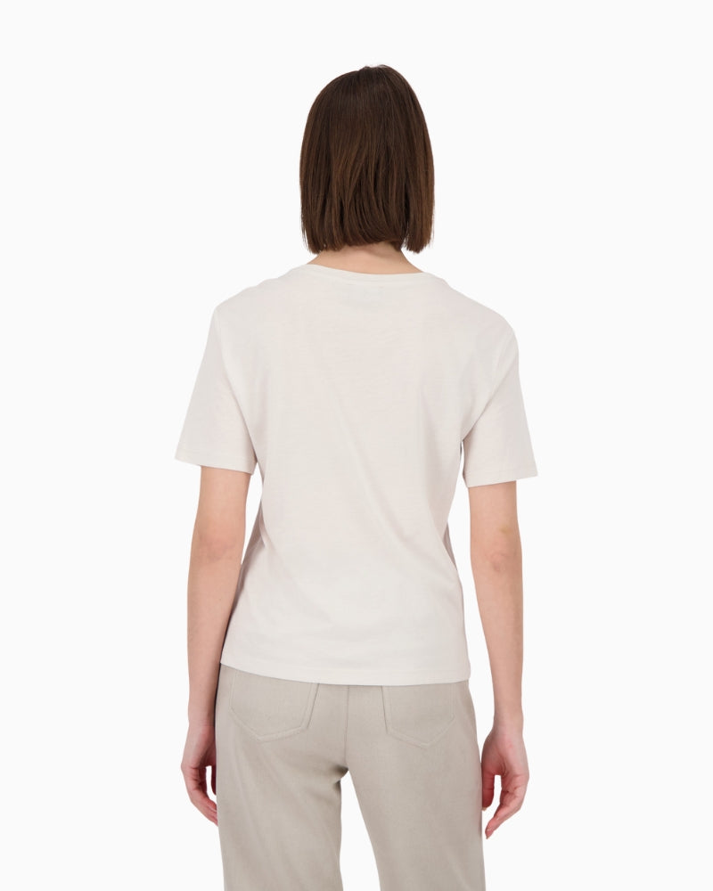 Back view of soft beige t-shirt with straight hem