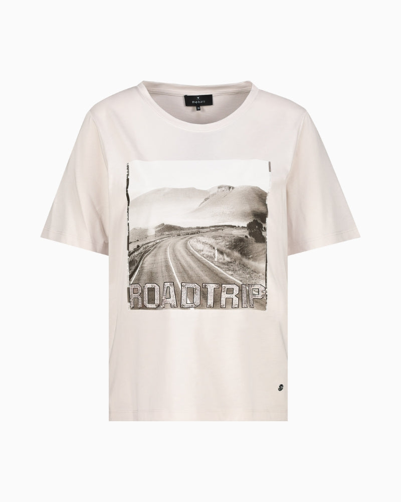 Front view of Monari “Roadtrip” t-shirt showing short sleeves and round neck