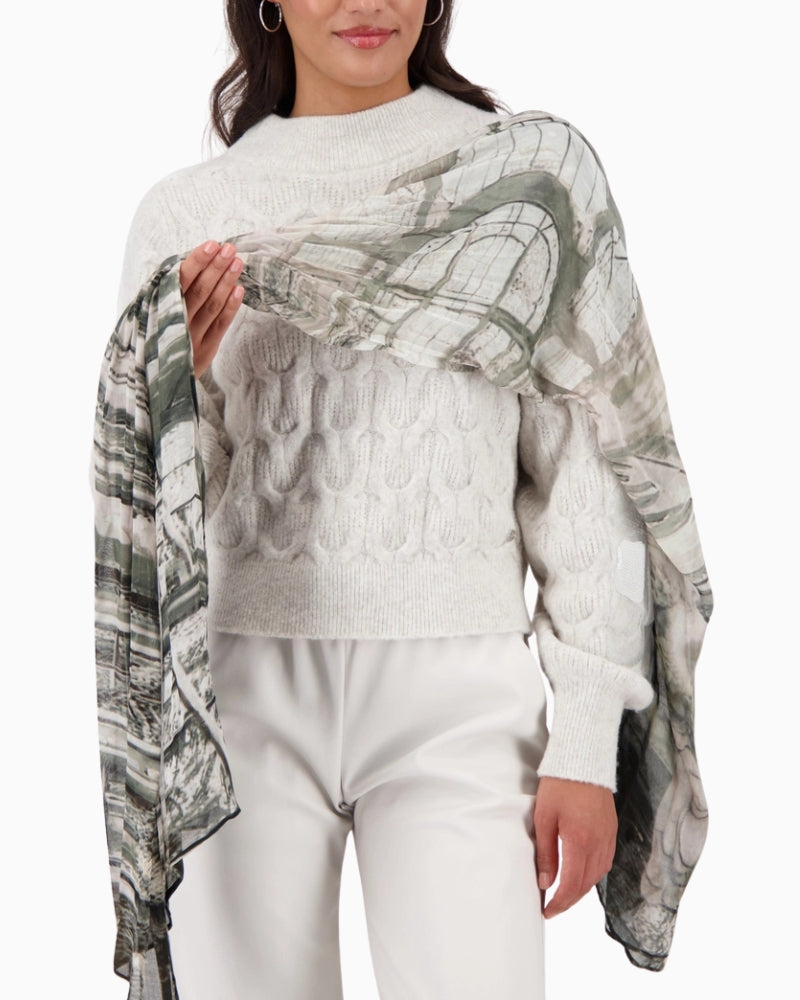 Monari scarf with gallery pattern viscose draped on model – Áines Boutique