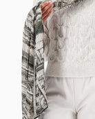 Monari scarf with gallery pattern viscose shown with outfit styling – Áines Boutique