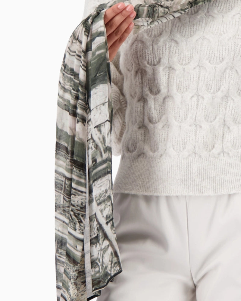 Monari scarf with gallery pattern viscose shown with outfit styling – Áines Boutique