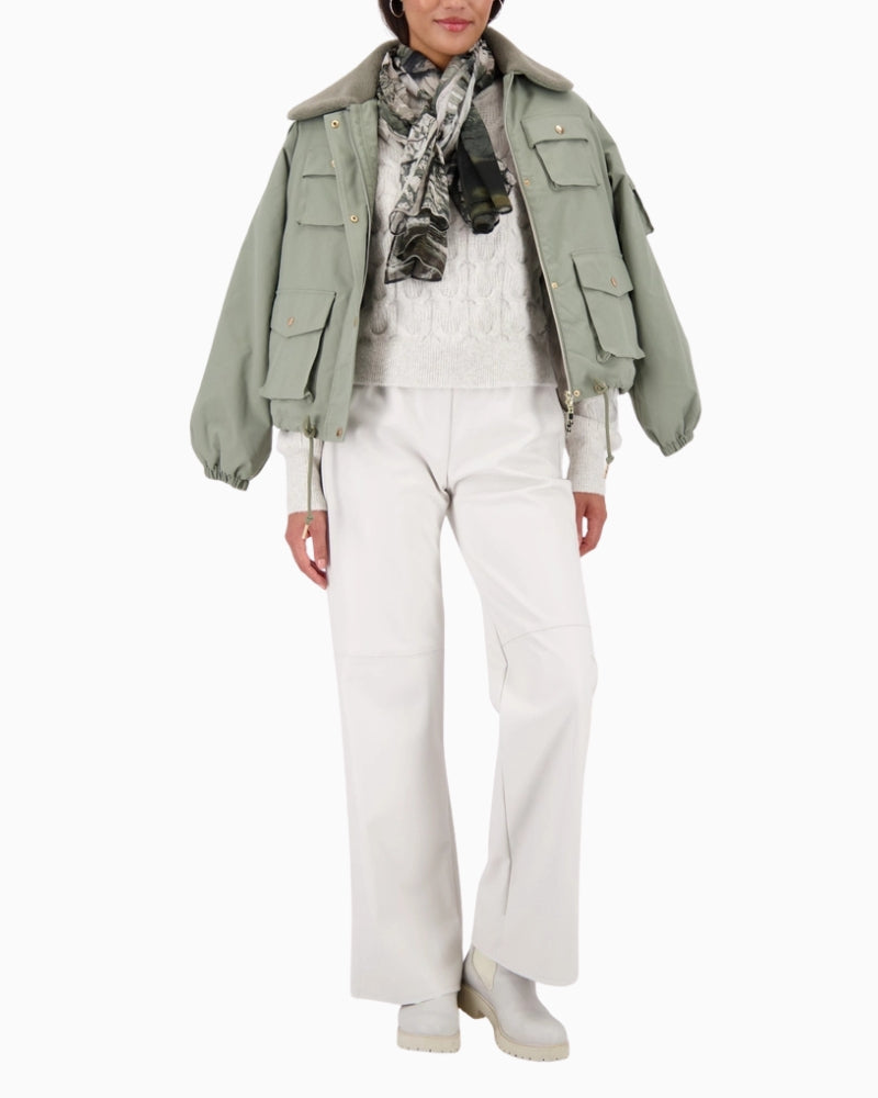 Monari scarf with gallery pattern viscose draped on model combined with jacket – Áines Boutique