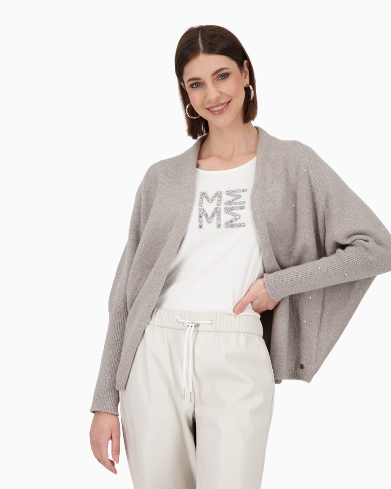 Grey sequin cardigan by Monari with soft sparkle knit and open front