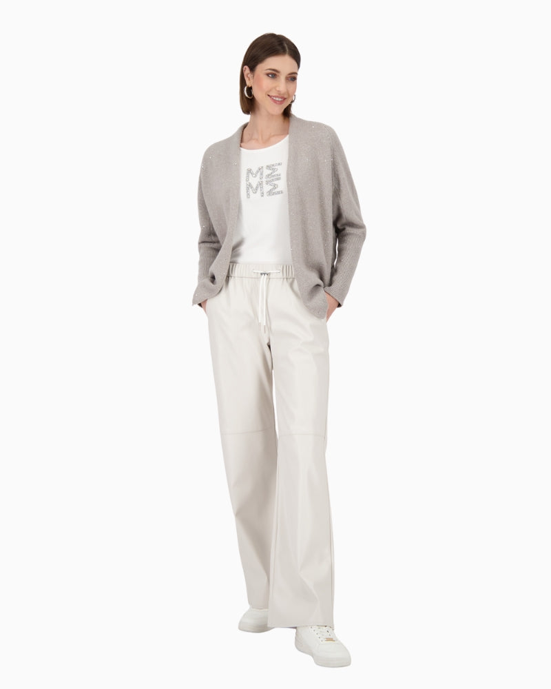 Model wearing grey Monari cardigan over plain top and trousers