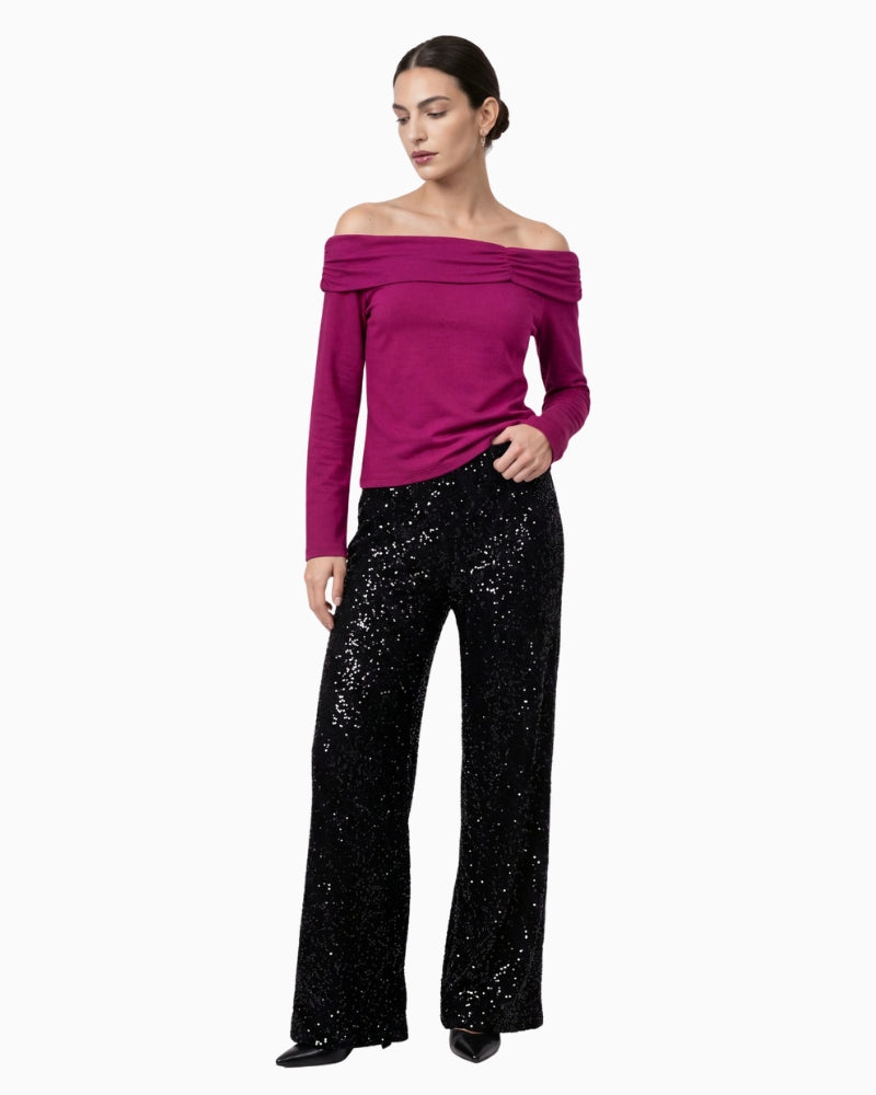 Monari Sequin Wide-Leg Trousers in black styled view