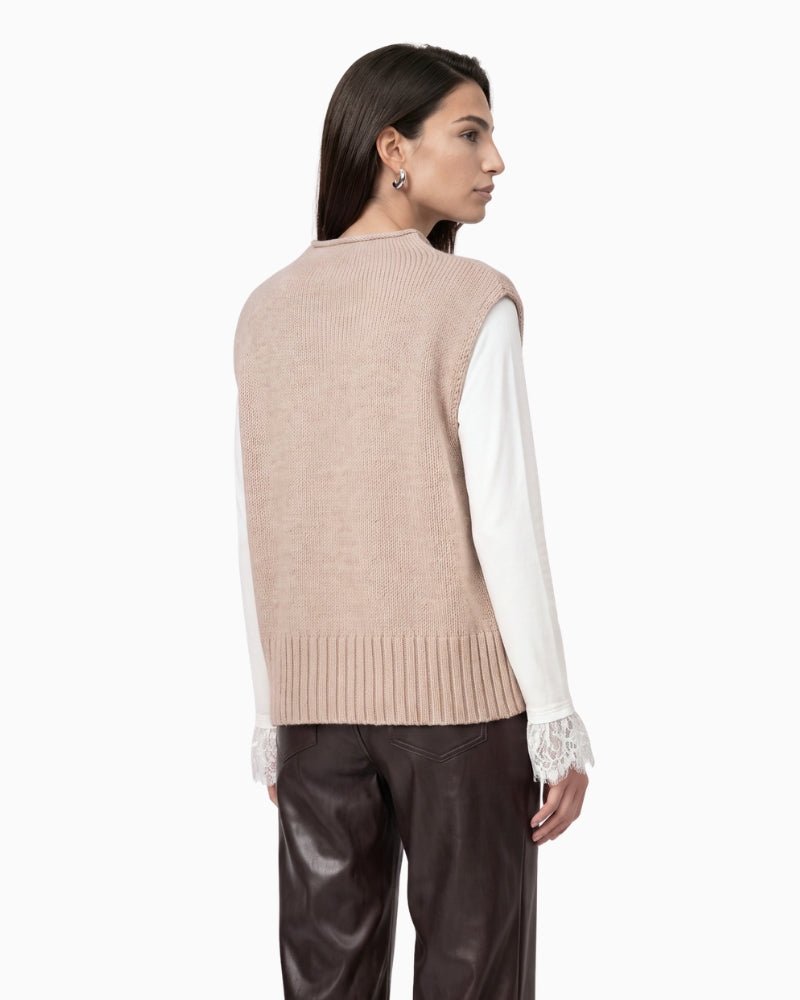 Monari Sleeveless Jumper with Stand-Up Collar in light beige back view