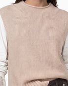 Monari Sleeveless Jumper with Stand-Up Collar in light beige collar detail