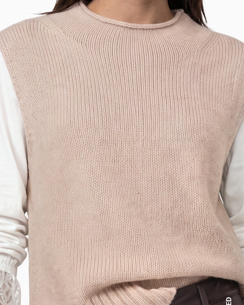 Monari Sleeveless Jumper with Stand-Up Collar in light beige collar detail