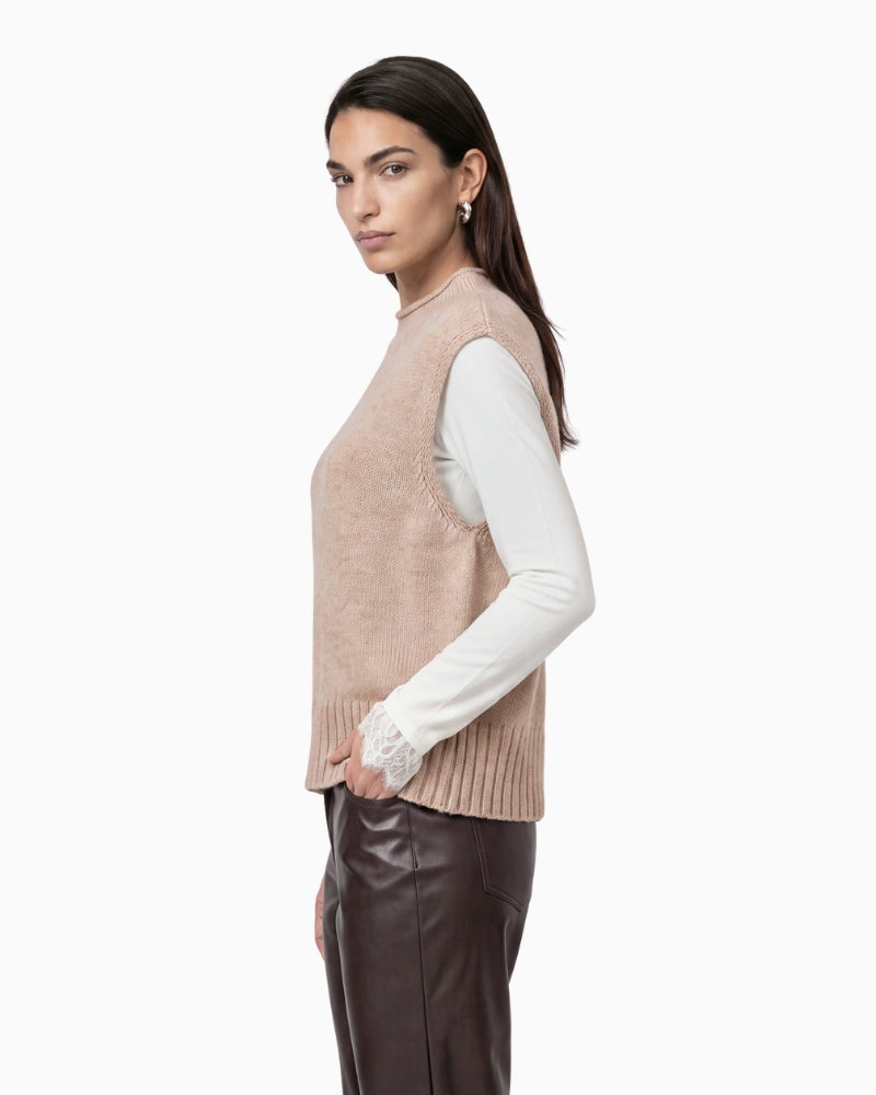Monari Sleeveless Jumper with Stand-Up Collar in light beige side view