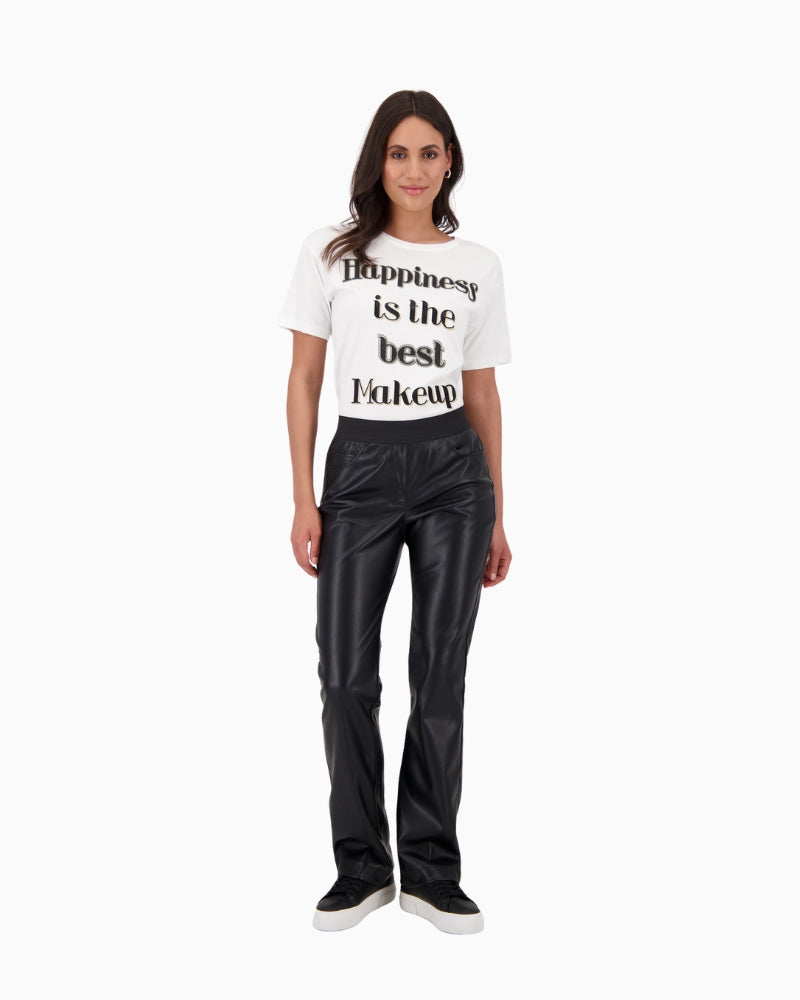 Monari straight leg faux leather trousers paired with White shirt