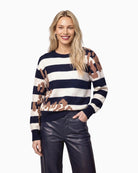 Monari Stripe & Leopard Print Jumper in navy stripe front view