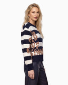 Monari Stripe & Leopard Print Jumper in navy stripe side view
