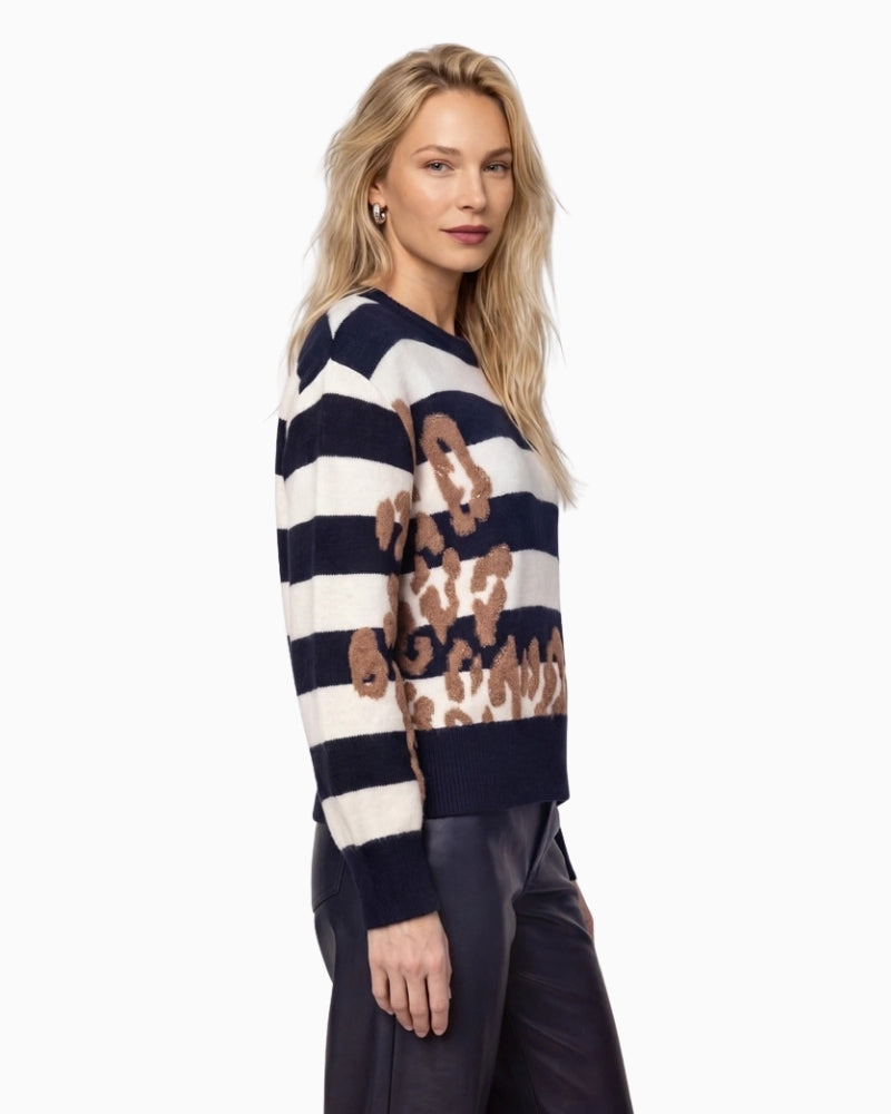 Monari Stripe & Leopard Print Jumper in navy stripe side view