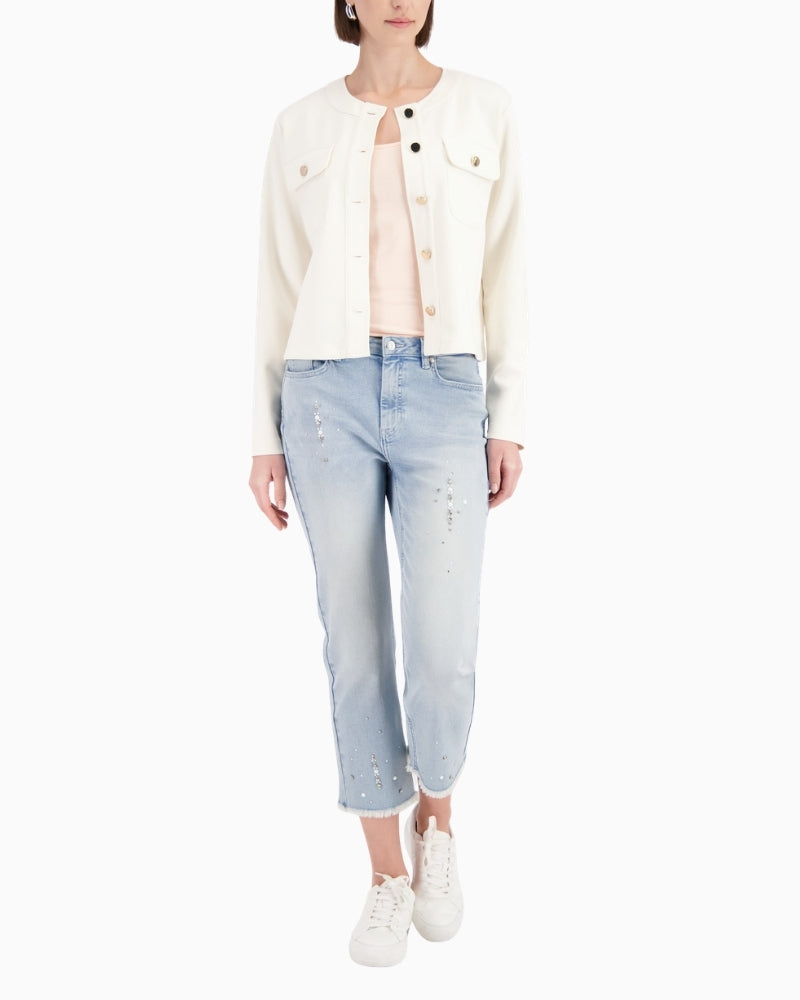 Monari Sweat Jacket With Flap Pockets in Beige worn front view