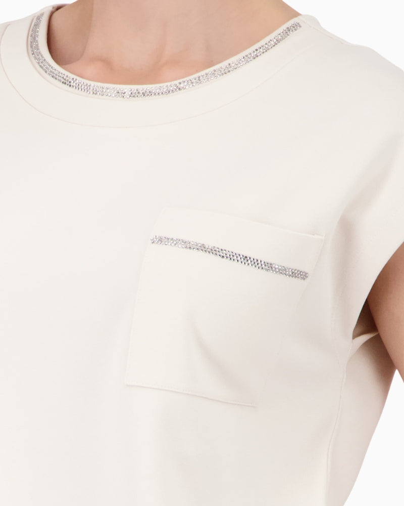 Monari Sweatshirt with Embellished Collar in cream collar and pocket detail