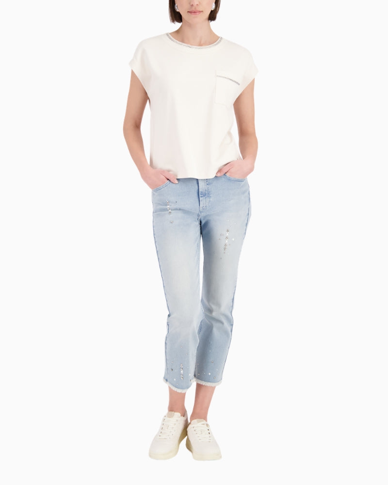 Monari Sweatshirt with Embellished Collar in cream front view