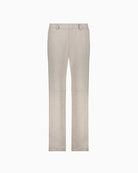 Front view of Monari leather-look trousers with pockets and elasticated hem