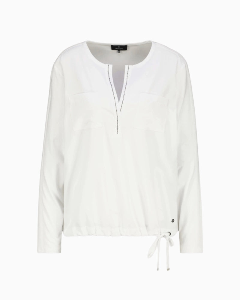Monari V-Neck Blouse in off white drawstring hem detail