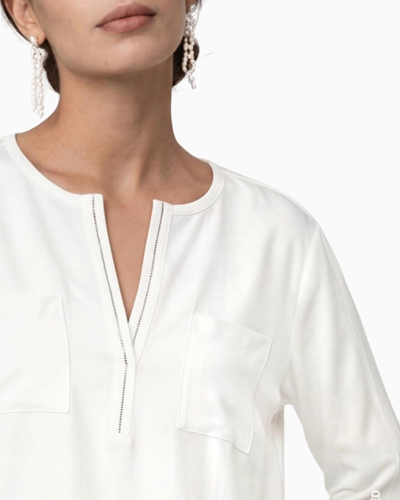 Monari V-Neck Blouse in off white rhinestone neckline detail