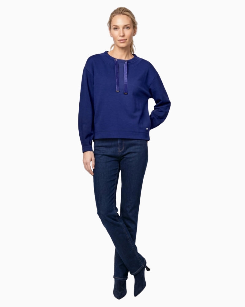 Monari Velvet Ribbon Trim Sweatshirt in navy pleated sleeve hem detail