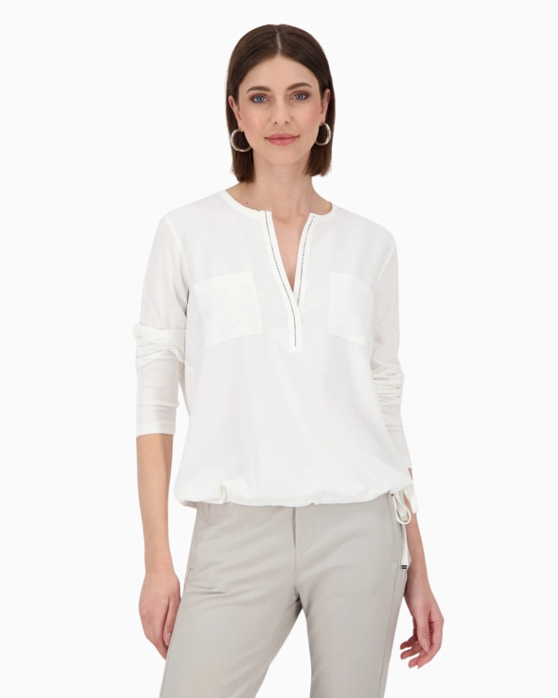 Monari white blouse with satin-look front and rhinestone neckline detail