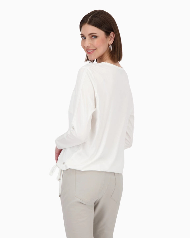 Back view of Monari white blouse in flowing viscose blend with long sleeves