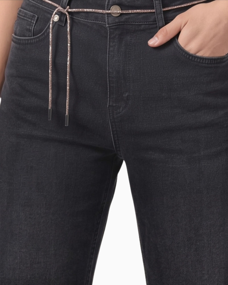 Monari Wide Leg Jeans in dark grey rhinestone band detail