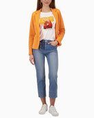 Monari orange sweat blazer styled with jeans full outfit