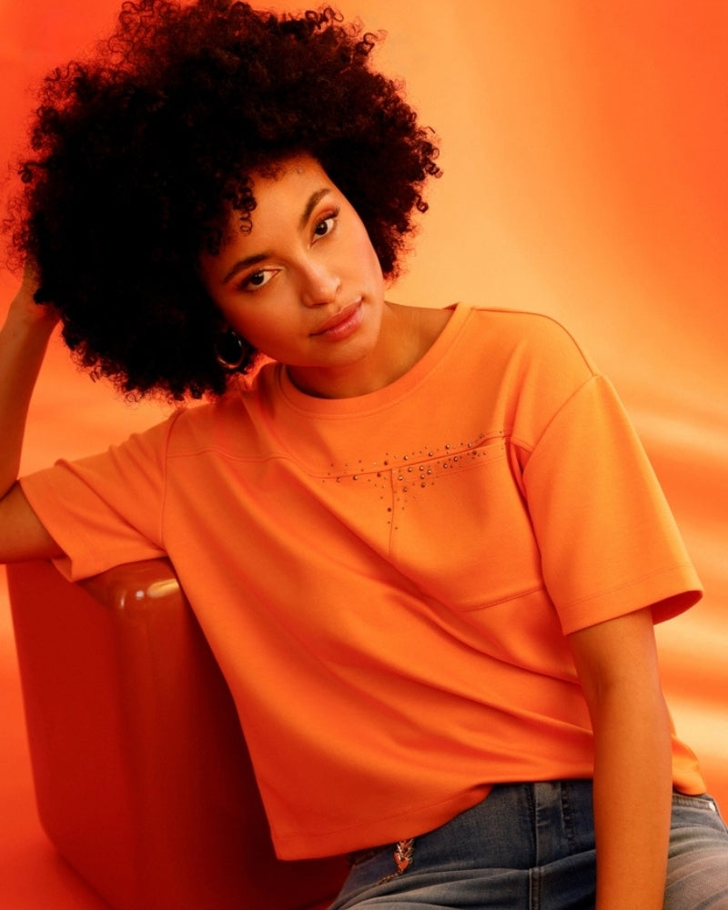 Monari orange sweatshirt with rhinestones full outfit styling