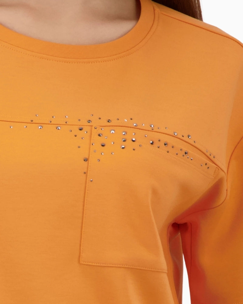 Monari orange sweatshirt with rhinestones close-up embellishment and pocket