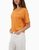 Monari orange sweatshirt with rhinestones side view short sleeves
