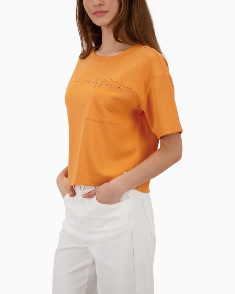 Monari orange sweatshirt with rhinestones side view short sleeves