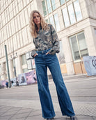 Front view of Mos Mosh Dara Hera jeans in high-rise wide-leg style with blue wash