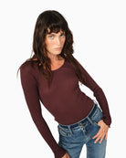 Close-up of MMElaine tee showing seamless rib fabric and scalloped cuff detail