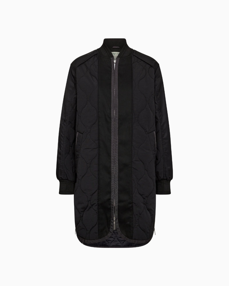 Black quilted jacket by Mos Mosh with contrast front zip and O-neckline