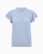 Mos Mosh Ganna Pattern O-Neck knit top blue front view white background – Áines Boutique