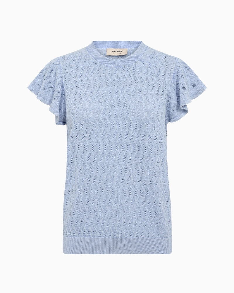 Mos Mosh Ganna Pattern O-Neck knit top blue front view white background – Áines Boutique
