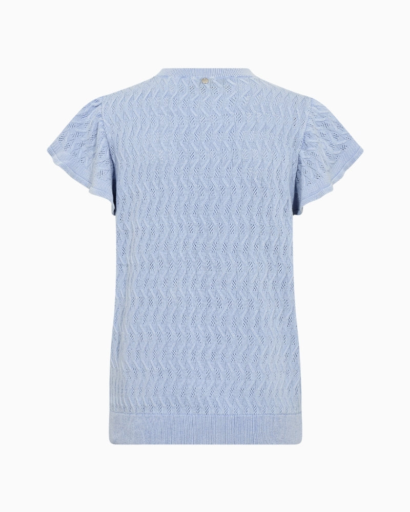 Mos Mosh Ganna Pattern O-Neck knit top blue back view white background – Áines Boutique