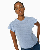 Mos Mosh Ganna Pattern O-Neck knit top blue front view – Áines Boutique