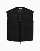 Front view of relaxed fit gilet with pockets and duck down fill