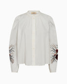 White cotton shirt by Mos Mosh with floral embroidered sleeves and mandarin collar