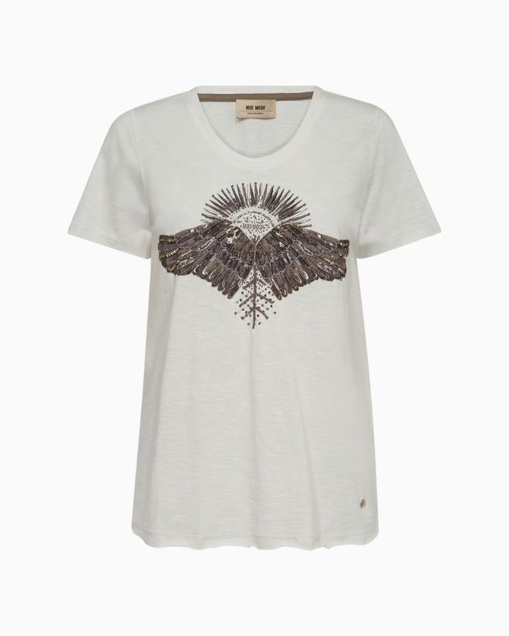 Mos Mosh Nadine Deco Tee in white cotton with embroidered and beaded angel wing front