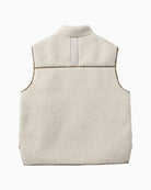 Back of Soft teddy fleece vest styled over chunky knitwear for autumn layering