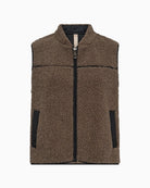 Mos Mosh teddy waistcoat in cream with contrast piping, zip front, and graphic side slits