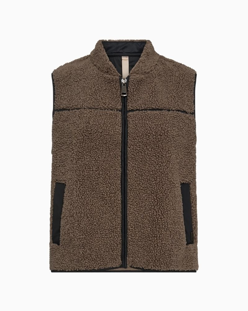 Mos Mosh teddy waistcoat in cream with contrast piping, zip front, and graphic side slits