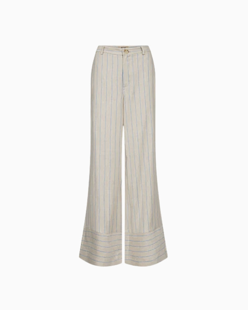 Flat lay of beige wide-leg trousers with subtle vertical stripes